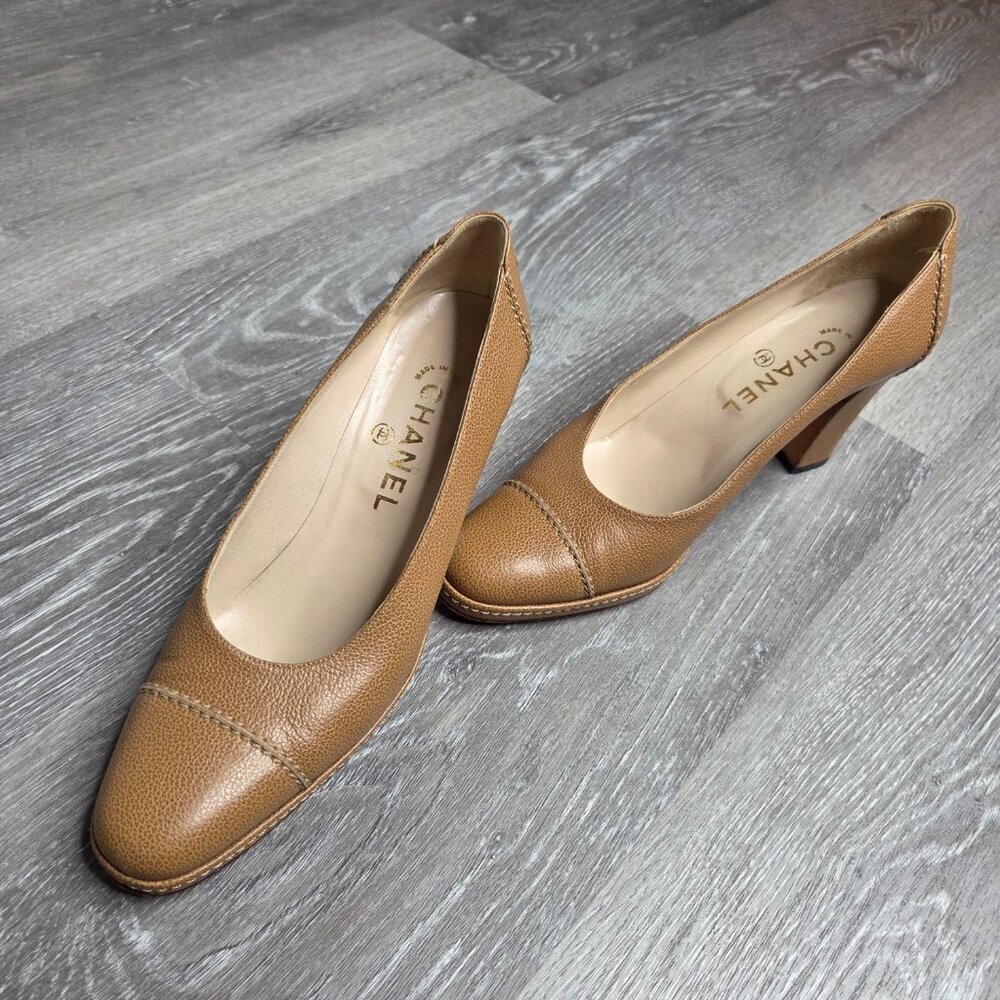 Vintage 90s - Women's Chanel Brown Caviar Leather Platform Pumps CC Logo 37.5 EU - Picture 8 of 13